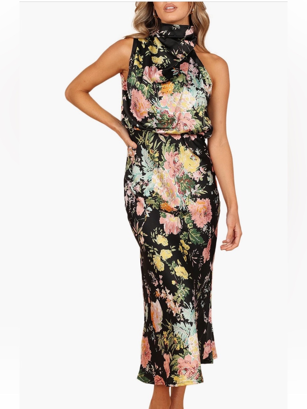 Petal & Pup Anabelle Funnel Neck Satin Midi Dress